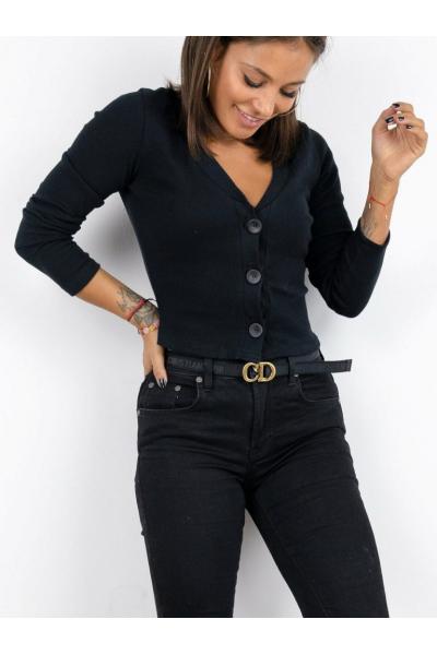 Bluza dama basic negru reiata cu nasturi mari tip pulover