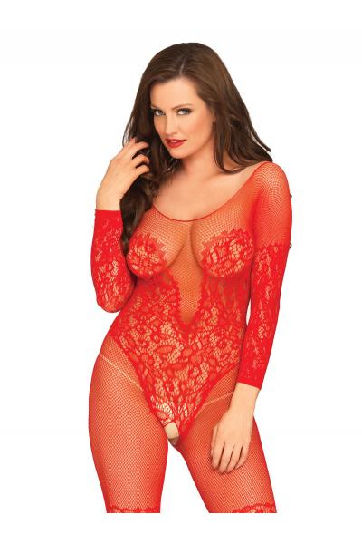 Catsuit 89190 Vine lace and net bodystocking Rosu