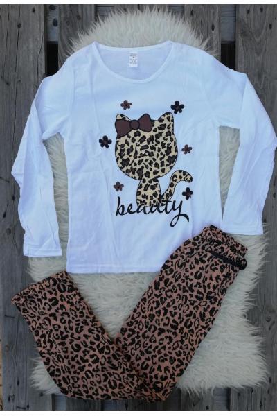 Pijama cu maneca lunga Kitty leopard alb