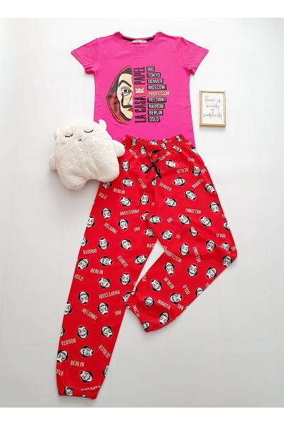 Pijama dama bumbac cu pantaloni lungi rosii tricou roz cu imprimeu Papel