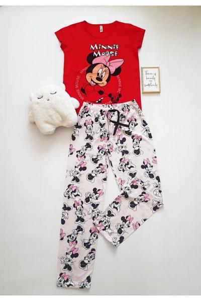 Pijama dama bumbac cu pantaloni lungi si tricou rosu cu imprimeu MM Cerc