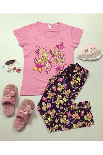 Pijama dama bumbac ieftina cu tricou roz si pantaloni lungi cu imprimeu Bear