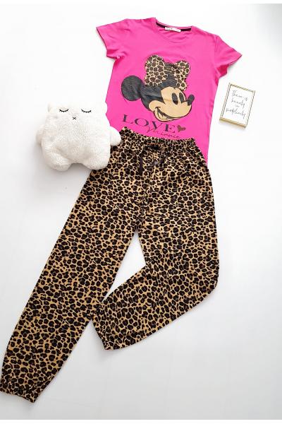 Pijama dama bumbac lunga cu pantaloni animal print si tricou roz cu imprimeu MM LOVE