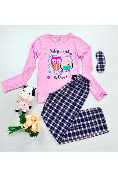 Pijama dama bumbac lunga cu pantaloni bleumarin si bluza cu maneca lunga roz cu imprimeu Owl you need is love