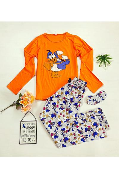 Pijama dama bumbac lunga cu pantaloni gri si bluza cu maneca lunga portocalie cu imprimeu DD