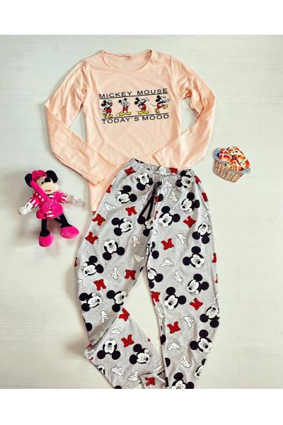 Pijama dama bumbac lunga cu pantaloni lungi si bluza cu maneca lunga roz cu imprimeu MK mood