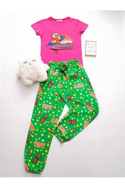 Pijama dama bumbac lunga cu pantaloni verzi si tricou roz cu imprimeu Aloha
