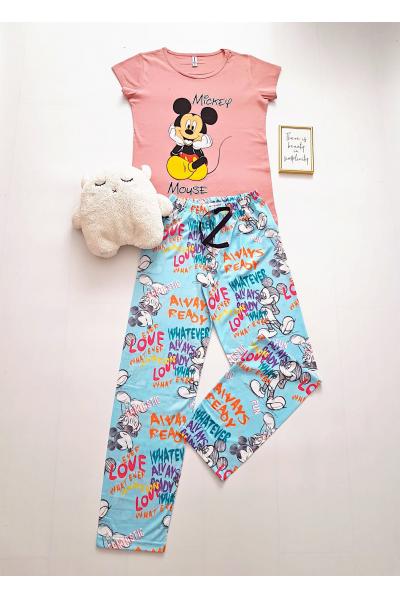 Pijama dama bumbac primavara-vara cu pantaloni lungi albastri si tricou roz cu imprimeu Mk Hands