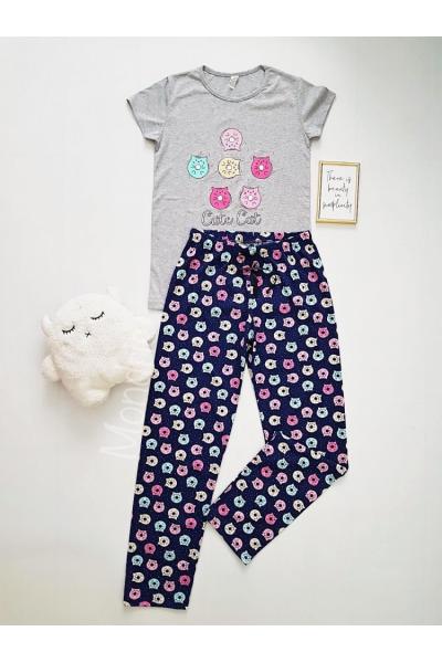 Pijama dama bumbac primavara-vara cu pantaloni lungi bleumarin si tricou gri cu imprimeu Cute Cat