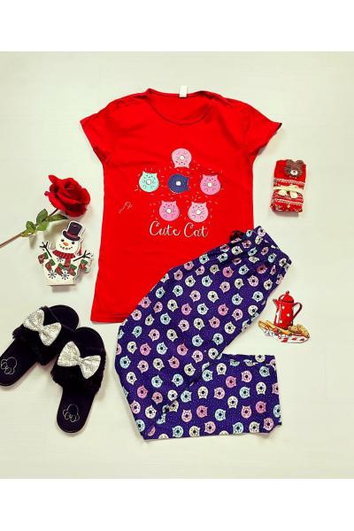 Pijama dama bumbac primavara-vara cu pantaloni lungi bleumarin si tricou rosu cu imprimeu Cute Cat