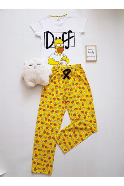 Pijama dama bumbac primavara-vara cu pantaloni lungi galbeni si tricou alb cu imprimeu Duff