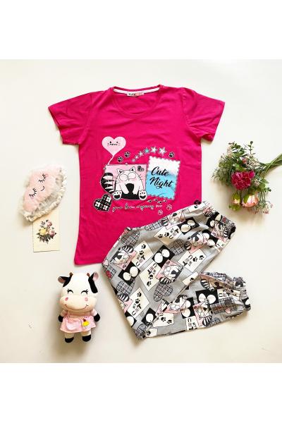 Pijama dama bumbac primavara-vara cu pantaloni lungi gri si tricou roz cu imprimeu Cute Night