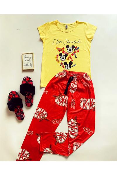 Pijama dama bumbac primavara-vara cu pantaloni lungi rosii si tricou galben cu imprimeu MK Kit