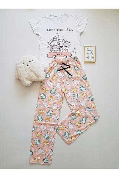 Pijama dama bumbac primavara-vara cu pantaloni lungi roz si tricou alb cu imprimeu Car