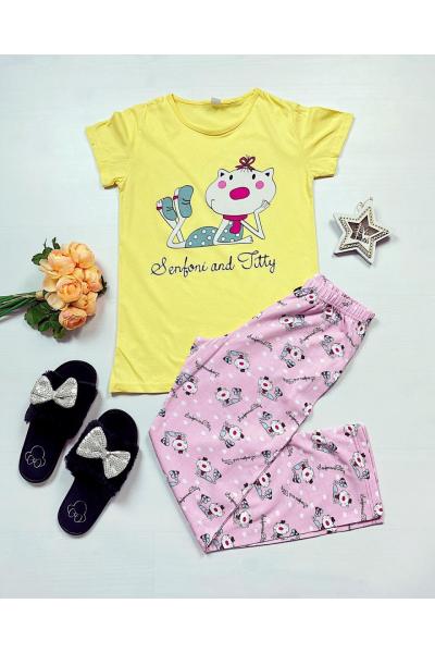 Pijama dama bumbac primavara-vara cu pantaloni lungi roz si tricou galben cu imprimeu Senfoni