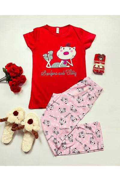 Pijama dama bumbac primavara-vara cu pantaloni lungi roz si tricou rosu cu imprimeu Senfoni