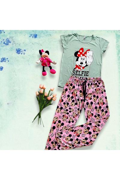 Pijama dama bumbac primavara-vara cu pantaloni lungi roz si tricou verde cu imprimeu MM selfie