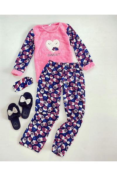 Pijama dama cu plusuri bleumarin cu roz extrem de pufoasa si calduroasa cu imprimeu Sweet