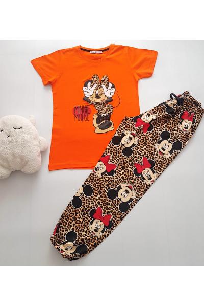 Pijama dama din bumbac ieftina cu tricou portocaliu si pantaloni maro cu imprimeu MM Animal Print
