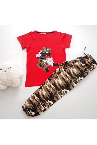 Pijama dama din bumbac ieftina cu tricou rosu si pantaloni maro cu imprimeu MK Run Animal Print