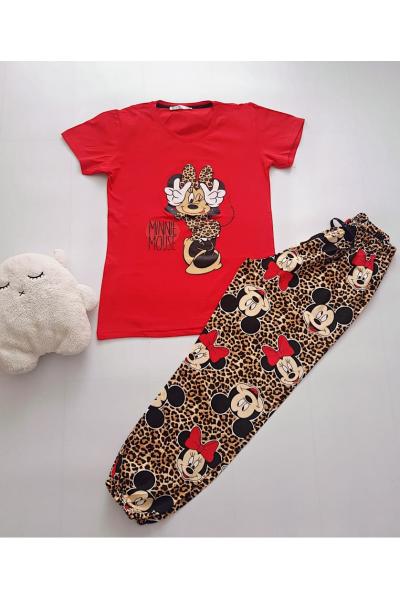 Pijama dama din bumbac ieftina cu tricou rosu si pantaloni maro cu imprimeu MM Animal Print