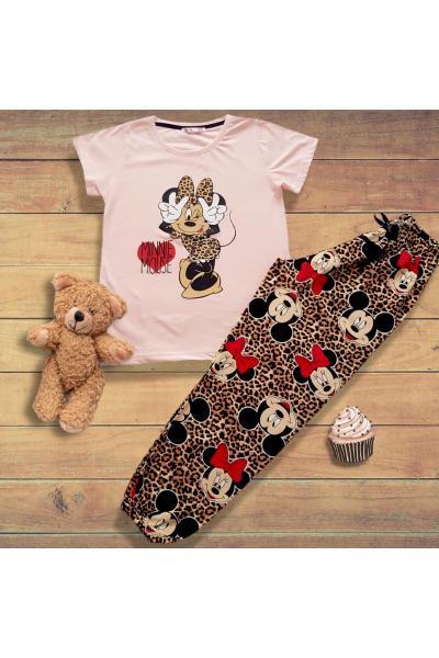 Pijama dama din bumbac ieftina cu tricou roz si pantaloni maro cu imprimeu MM Animal Print