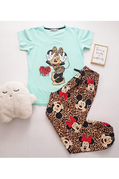 Pijama dama din bumbac ieftina cu tricou turcoaz si pantaloni maro cu imprimeu MM Animal Print
