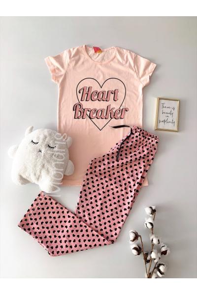 Pijama dama din bumbac ieftina lunga cu pantaloni lungi roz si tricou roz cu imprimeu Heart Breaker