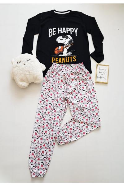 Pijama dama ieftina bumbac cu bluza cu maneca lunga neagra si pantaloni lungi albi cu imprimeu SY Peanuts