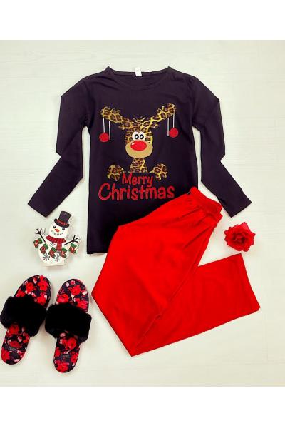 Pijama dama ieftina bumbac cu bluza cu maneca lunga neagra si pantaloni rosii cu imprimeu Merry Christmas