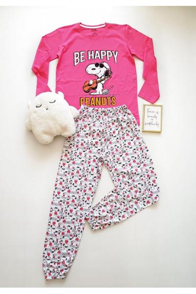 Pijama dama ieftina bumbac cu bluza cu maneca lunga roz si pantaloni lungi albi cu imprimeu SY Peanuts