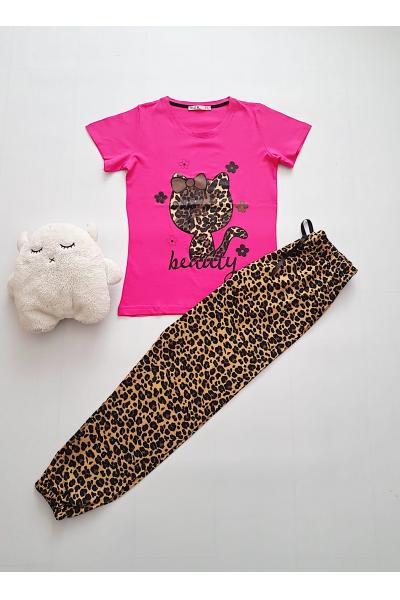 Pijama dama ieftina bumbac cu pantaloni lungi maro animal print si tricou roz cu imprimeu HK