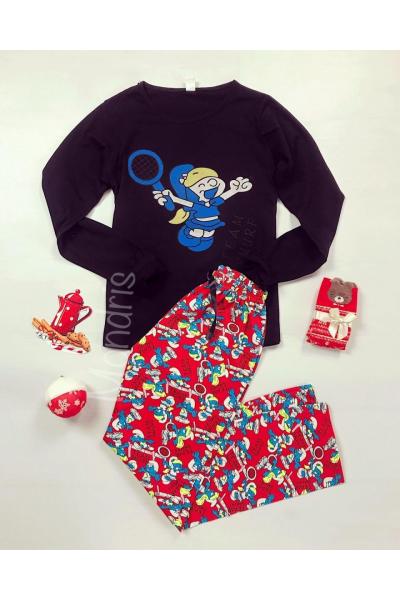 Pijama dama ieftina bumbac cu pantaloni lungi rosii si bluza cu maneca lunga neagra cu imprimeu Team Smurf