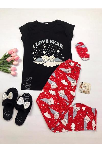 Pijama dama ieftina bumbac cu pantaloni lungi rosii si tricou negru cu imprimeu Ursulet Love