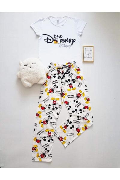 Pijama dama ieftina bumbac cu pantaloni lungi si tricou alb cu imprimeu Disney