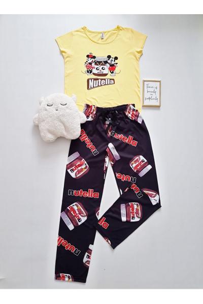 Pijama dama ieftina bumbac cu pantaloni lungi si tricou galben cu imprimeu NTL Cuplu