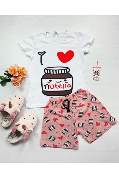 Pijama dama ieftina bumbac cu pantaloni scurti roz si tricou alb cu imprimeu NTL