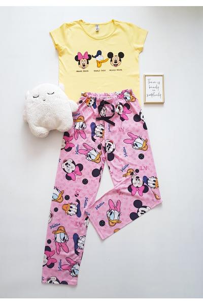 Pijama dama ieftina bumbac cu tricou galben si pantaloni lungi roz cu imprimeu 3 desene animate