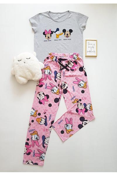 Pijama dama ieftina bumbac cu tricou gri si pantaloni lungi roz cu imprimeu 3 desene animate