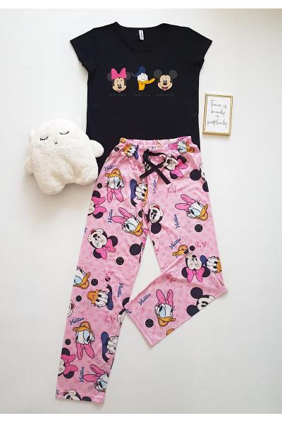Pijama dama ieftina bumbac cu tricou negru si pantaloni lungi roz cu imprimeu 3 desene animate