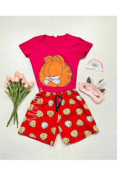 Pijama dama ieftina bumbac cu tricou rosu si pantaloni scurti rosii cu imprimeu GF Suparat
