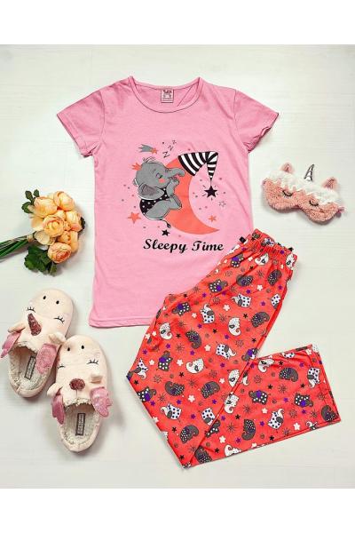 Pijama dama ieftina bumbac cu tricou roz si pantaloni lungi portocalii cu imprimeu Sleepy time