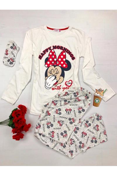 Pijama dama ieftina bumbac lunga cu pantaloni lungi albi si bluza cu maneca lunga alba cu imprimeu Minnie Mouse Happy Mornings