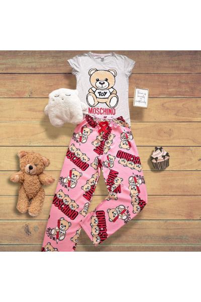 Pijama dama ieftina bumbac lunga cu pantaloni lungi roz si tricou gri cu imprimeu Urs Toy