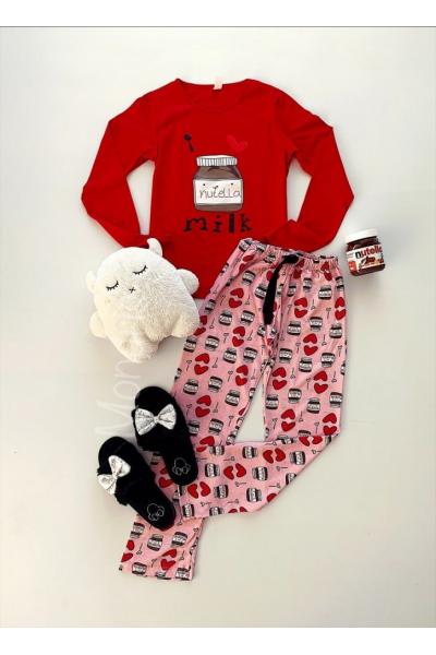 Pijama dama ieftina bumbac lunga cu pantaloni roz si bluza cu maneca lunga rosie cu imprimeu NTL