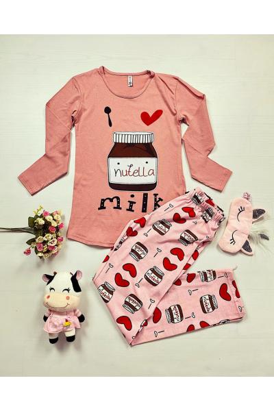 Pijama dama ieftina bumbac lunga cu pantaloni roz si bluza cu maneca lunga roz cu imprimeu NTL