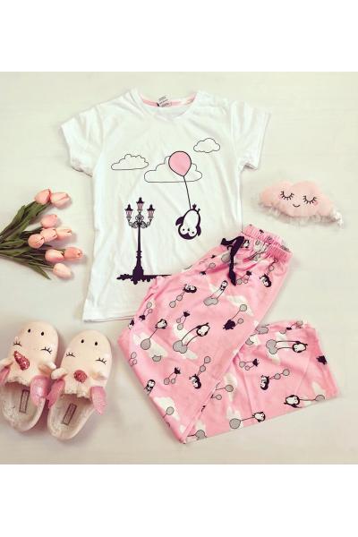 Pijama dama ieftina bumbac lunga cu tricou alb si pantaloni lungi roz cu imprimeu Balon