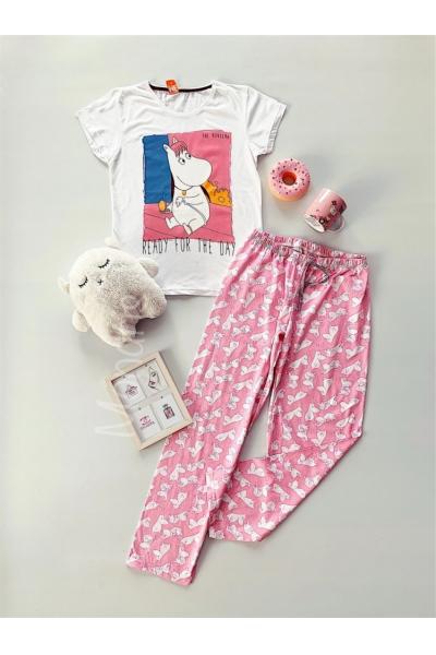 Pijama dama ieftina bumbac lunga cu tricou alb si pantaloni lungi roz cu imprimeu Ready for the day