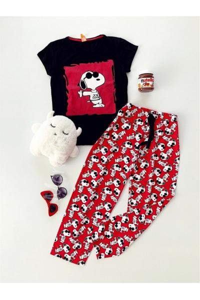 Pijama dama ieftina bumbac lunga cu tricou negru si pantaloni lungi rosii cu imprimeu SY