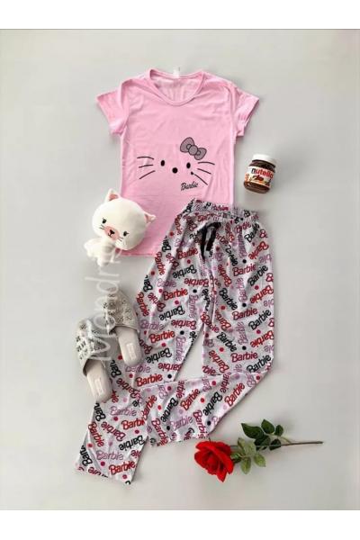 Pijama dama ieftina bumbac lunga cu tricou roz deschis si pantaloni lungi gri cu imprimeu BR